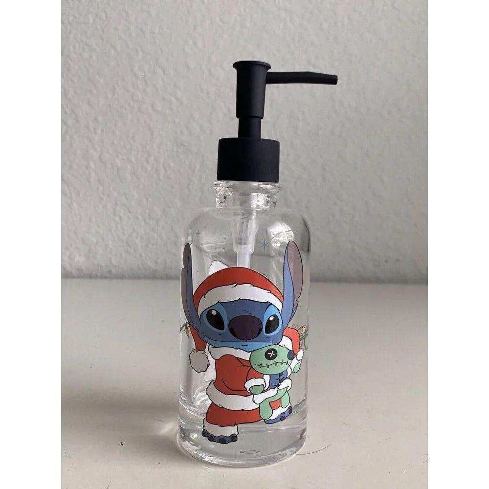 Disney Stitch &‎ Scrump Christmas Santa Hat Soap Dispenser Clear Glass NEW
